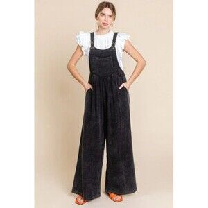 NWT Jodifl Distressed Cotton Overalls Mineral Wash Black Large Straight Leg
